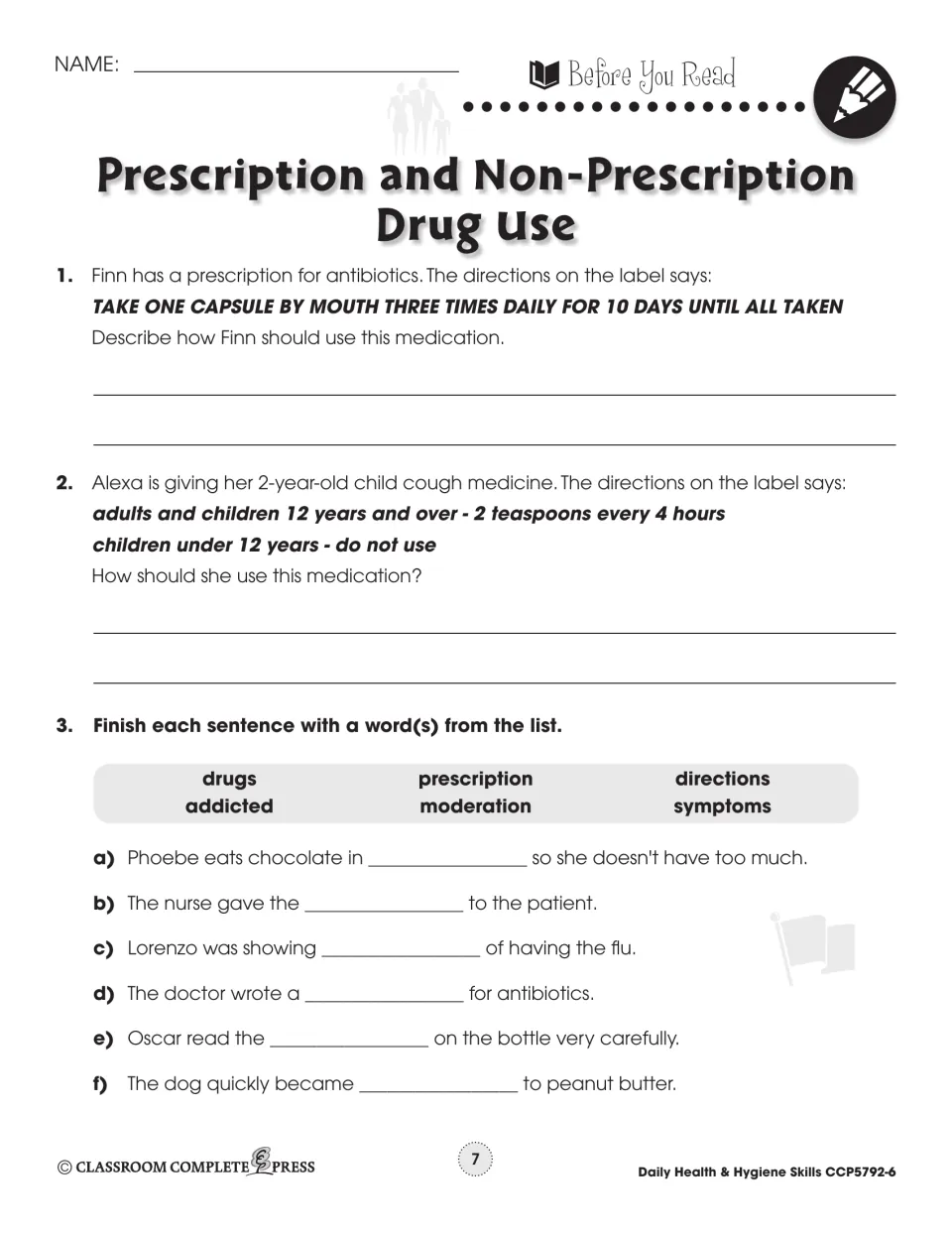 Before You Read: reading Finn's antibiotic and Alexa's cough medicine labels, plus 6 fill-in-the-blank sentences