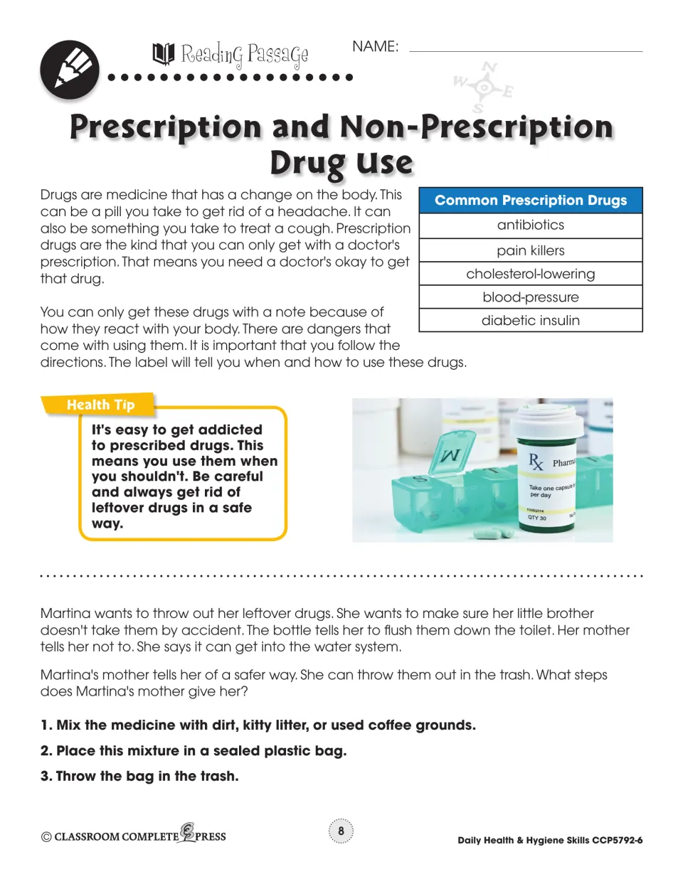 Reading passage part 1: what prescription drugs are, such as antibiotics and insulin, and safe disposal steps