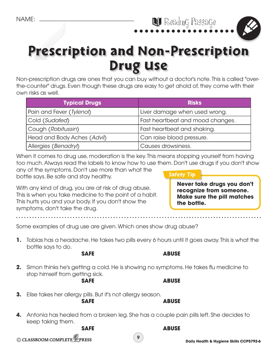 Reading passage part 2: over-the-counter drugs like Tylenol and Advil with their risks, and 4 safe-or-abuse examples