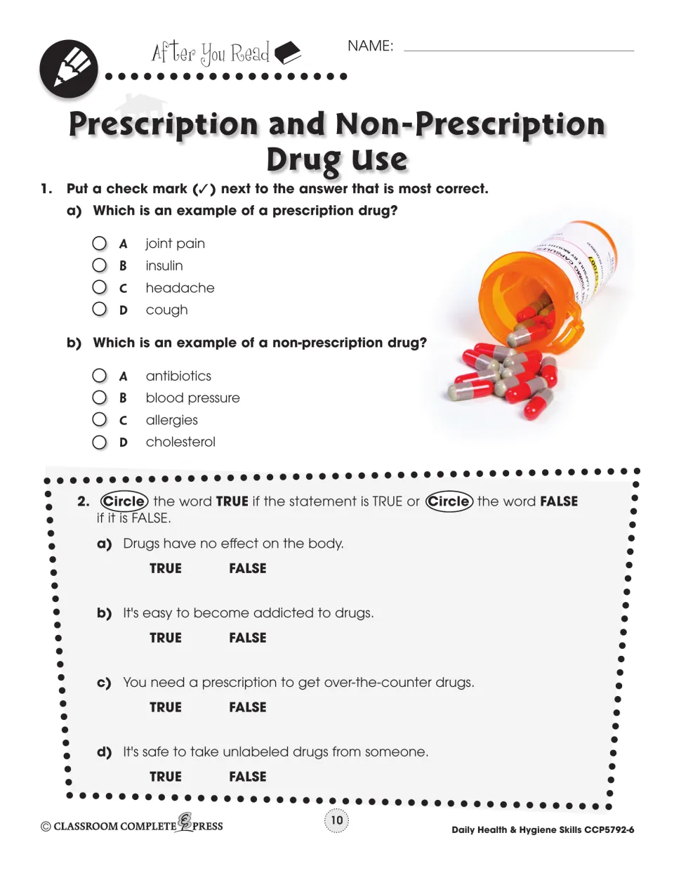 After You Read: multiple-choice questions on prescription vs. non-prescription drugs and 4 true-or-false statements