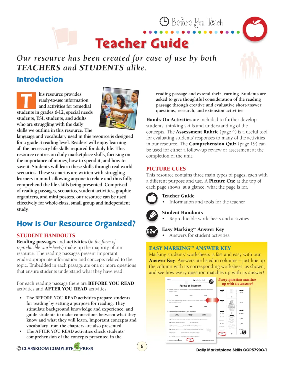 Teacher guide: introduction, how the resource is organized, picture cues and the Easy Marking answer key