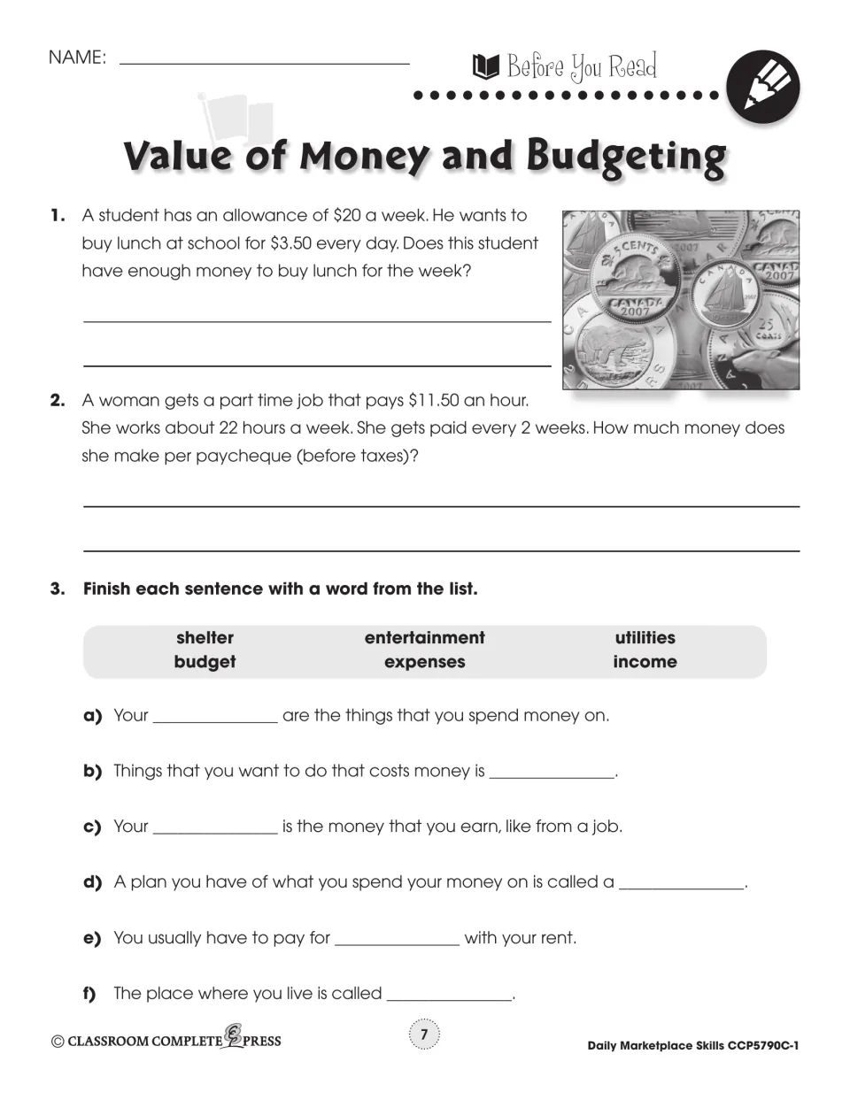 Before You Read: allowance and paycheck word problems and fill-ins with budget, income and shelter