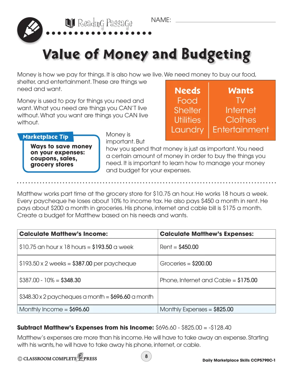 Reading passage part 1: needs vs. wants, then Matthew's budget showing $696.60 income against $825.00 expenses