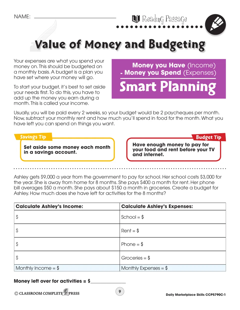 Reading passage part 2: Smart Planning (income minus expenses), saving tips and Ashley's budget to complete