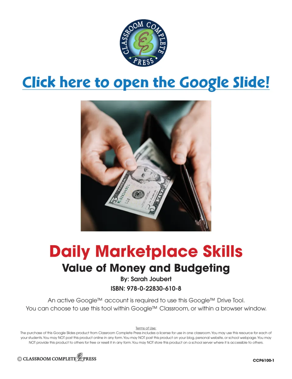 Daily Marketplace Skills title page by Sarah Joubert with a link to open the slide deck and one-classroom terms of use