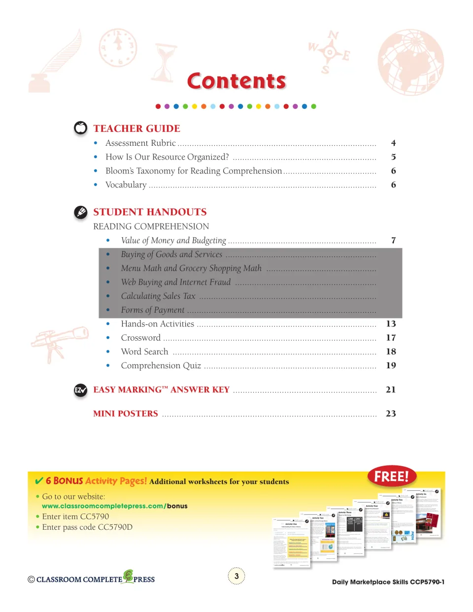 Contents: teacher guide, budgeting reading, hands-on activities, crossword, word search, quiz and answer key