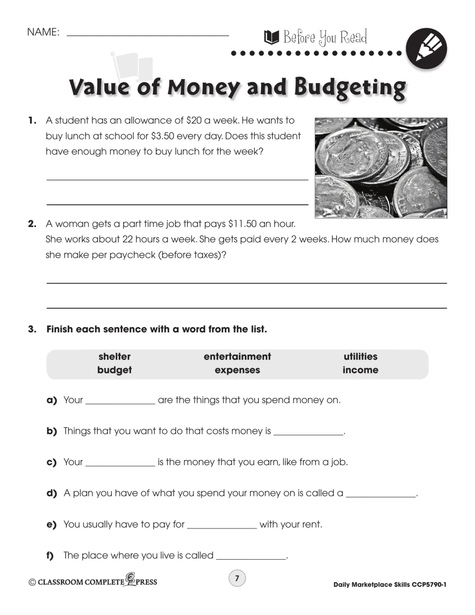 Before You Read: $20 allowance lunch problem, $11.50-an-hour paycheck problem, and fill-ins with budget, income