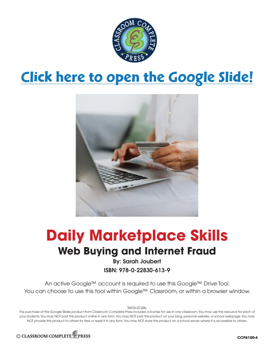 Daily Marketplace Skills title page by Sarah Joubert: link to open the Google Slide, account note and terms of use