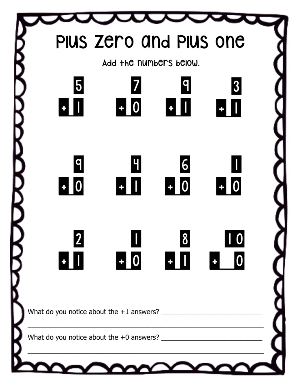 Plus zero and plus one: students solve 12 addition facts, then write what they notice about the +1 and +0 answers