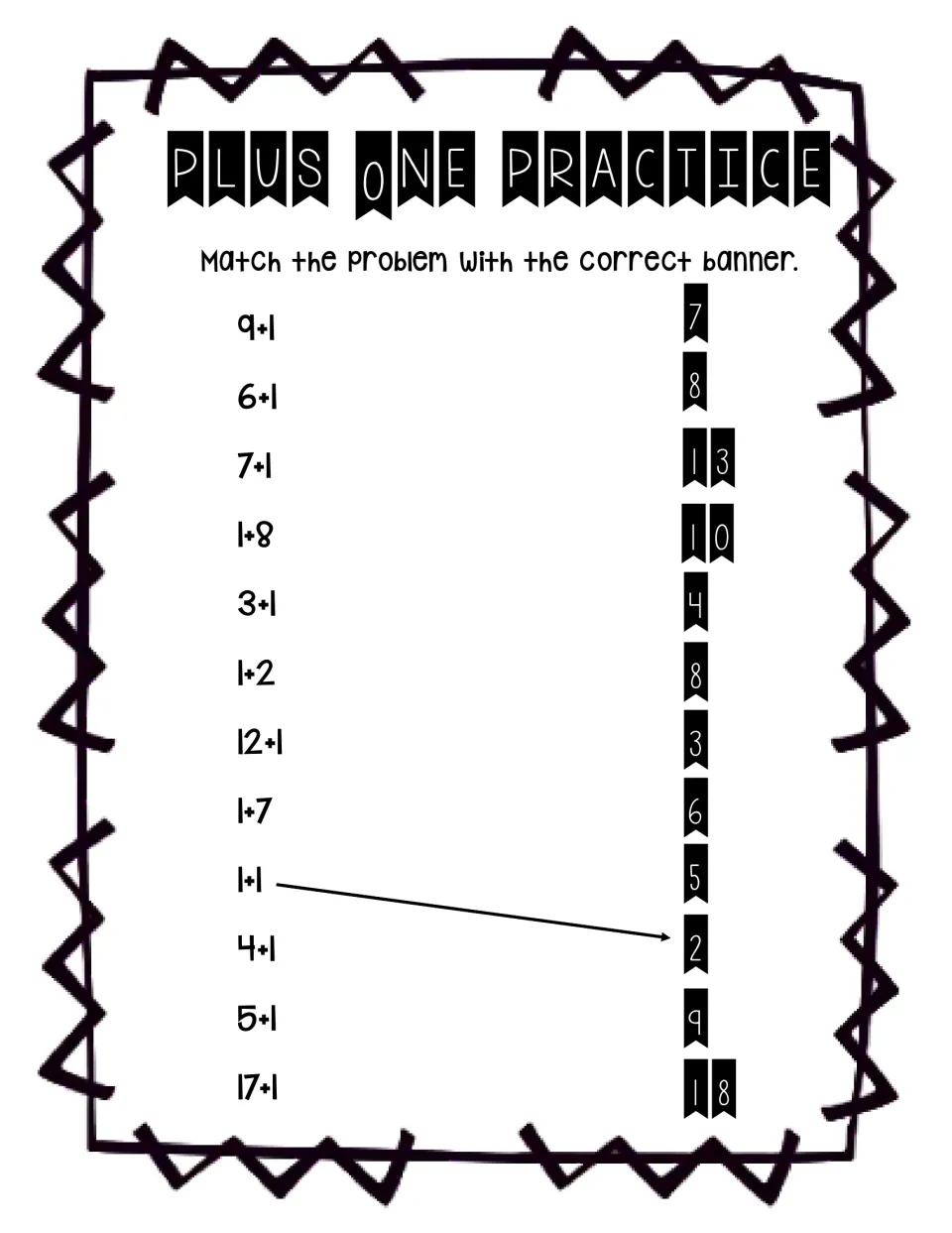 Plus one practice: students match 12 facts like 9+1 and 17+1 to the correct sum banner; 1+1 to 2 is done as an example