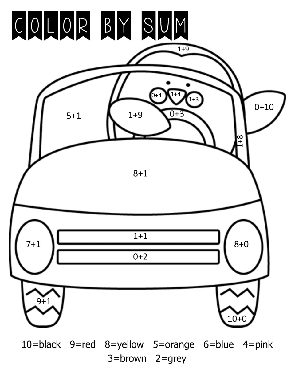 Color by sum: students solve +0 and +1 facts on a car drawing, coloring each part by a key from 2 grey to 10 black