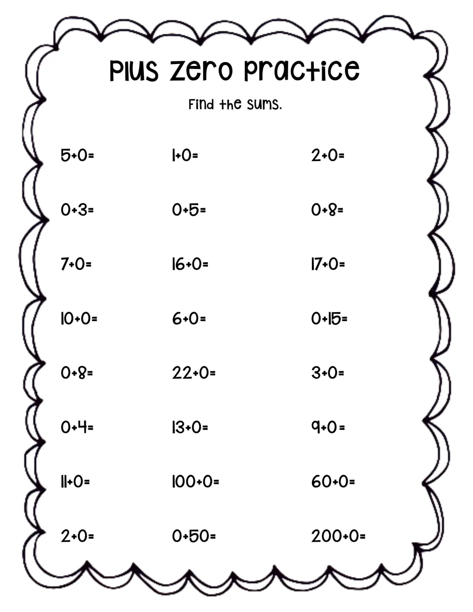 Plus zero practice: students find the sums of 24 facts, from 5+0 and 0+3 up to larger numbers like 100+0 and 200+0