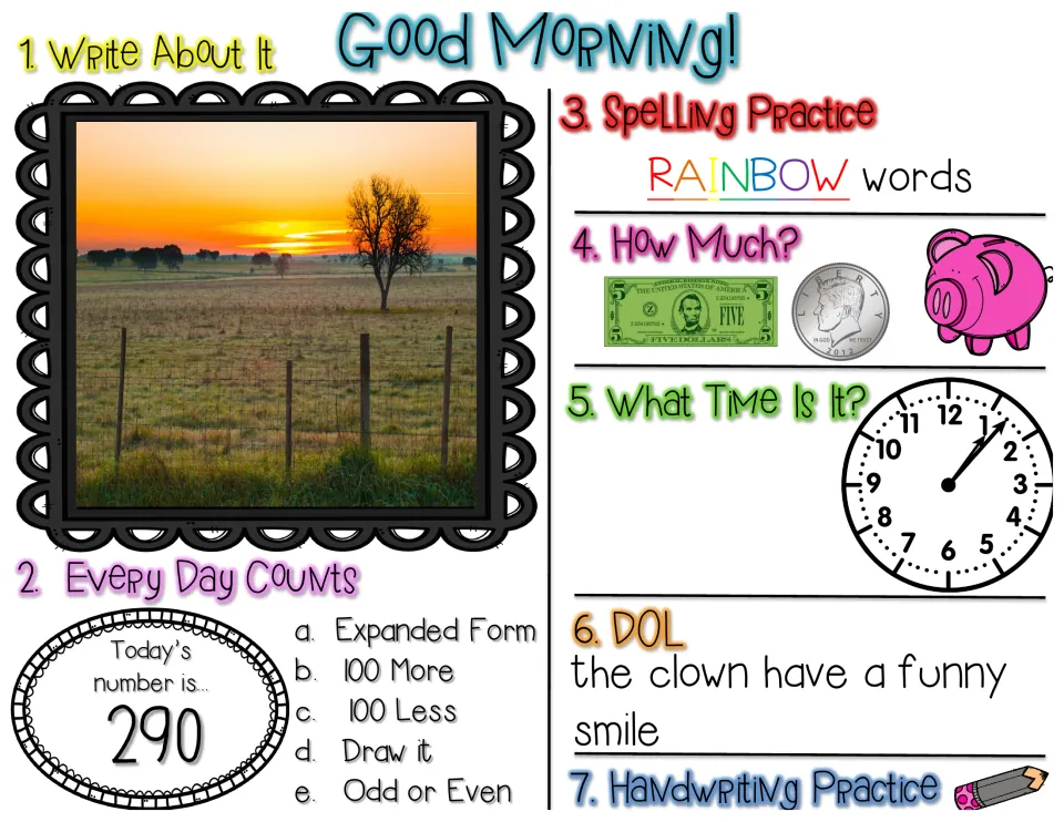 Good Morning review for number 290: sunset writing prompt, rainbow spelling, counting money, clock time, DOL sentence fix