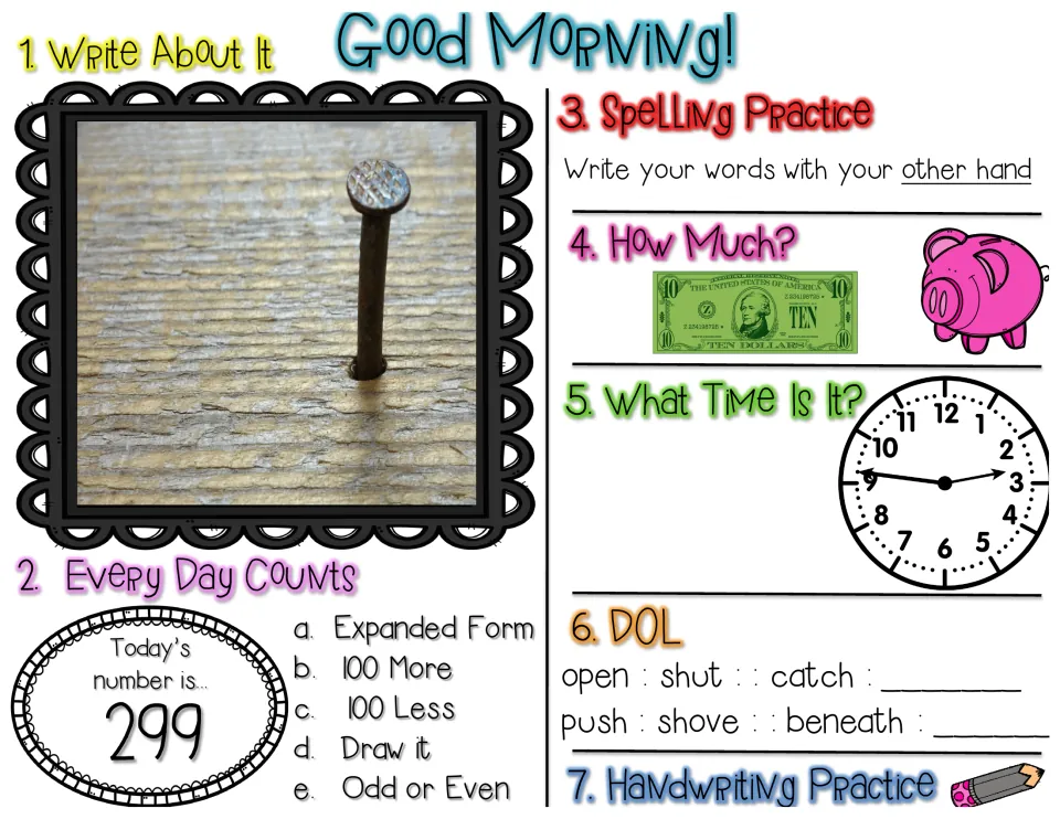 Good Morning review for 299: nail photo prompt, spelling with other hand, $10 count, clock time and two word analogies