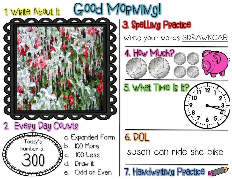 Review for 300: icy berry photo prompt, backwards spelling, coin counting, clock time, fix 'susan can ride she bike'