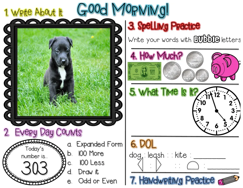 Review for 303: puppy photo prompt, bubble-letter spelling, $20 and coins to count, clock time, dog : leash analogies