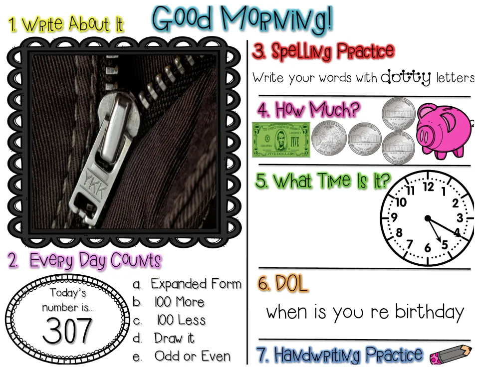 Review for 307: zipper photo prompt, dotty-letter spelling, money count, clock time, fix 'when is you re birthday'