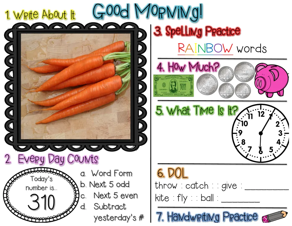 Review for 310: carrot photo prompt, word form, next 5 odd and even, coins, clock time and throw : catch analogies
