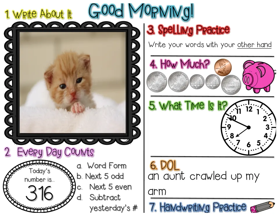 Review for 316: kitten photo prompt, other-hand spelling, coins to count, clock time, fix 'an aunt crawled up my arm'