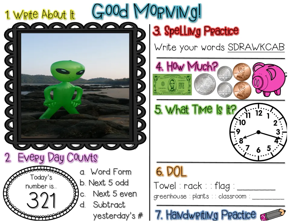 Review for 321: green alien photo prompt, backwards spelling, coins and $5 count, clock time, towel : rack analogies