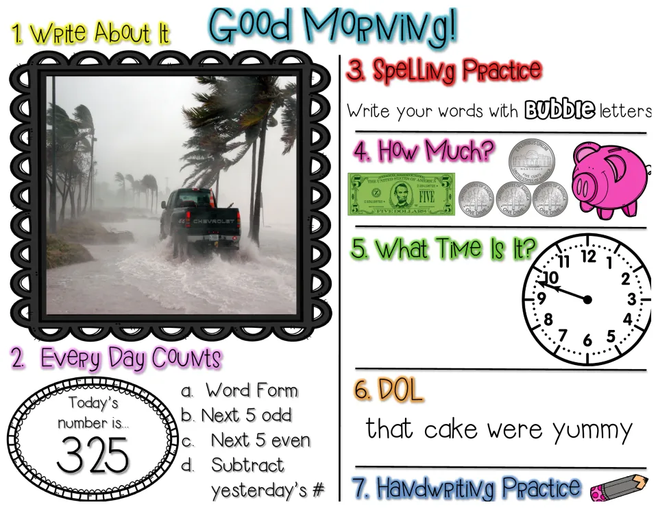 Review for 325: storm photo prompt, bubble-letter spelling, $5 and coins to count, clock time, fix 'that cake were yummy'