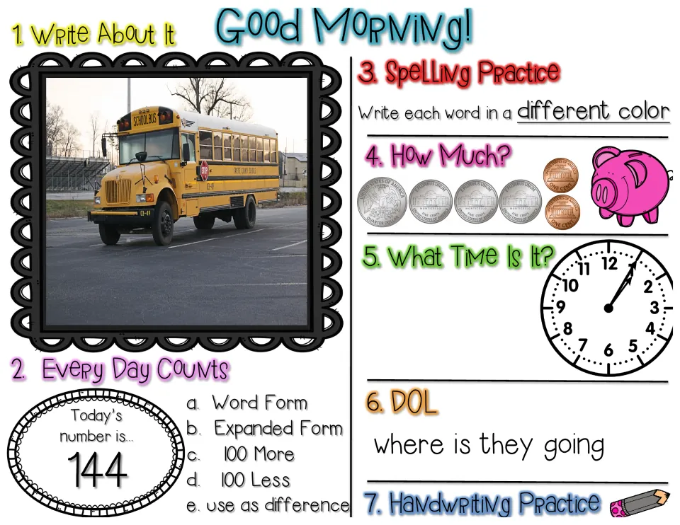 Good Morning review for number 144: write about a school bus, count coins, read a clock and fix 'where is they going'