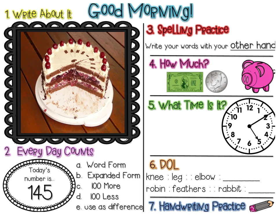Good Morning review for number 145: write about a cake, count a dollar and half dollar, finish knee : leg analogies