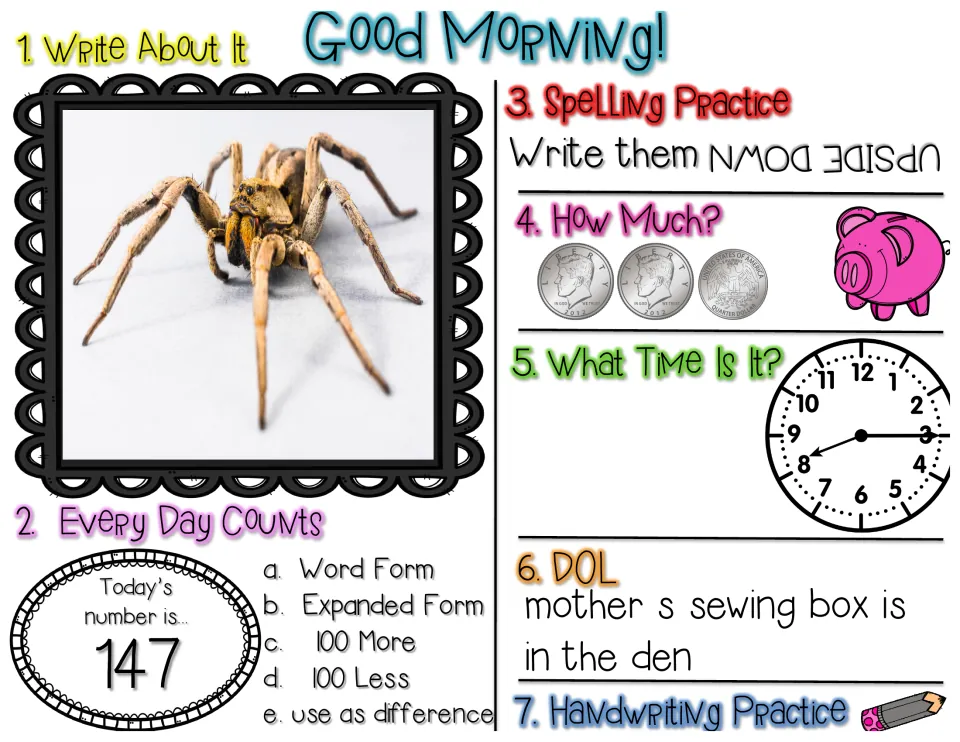Good Morning review for number 147: write about a spider, count coins, read a clock and fix a sewing box sentence