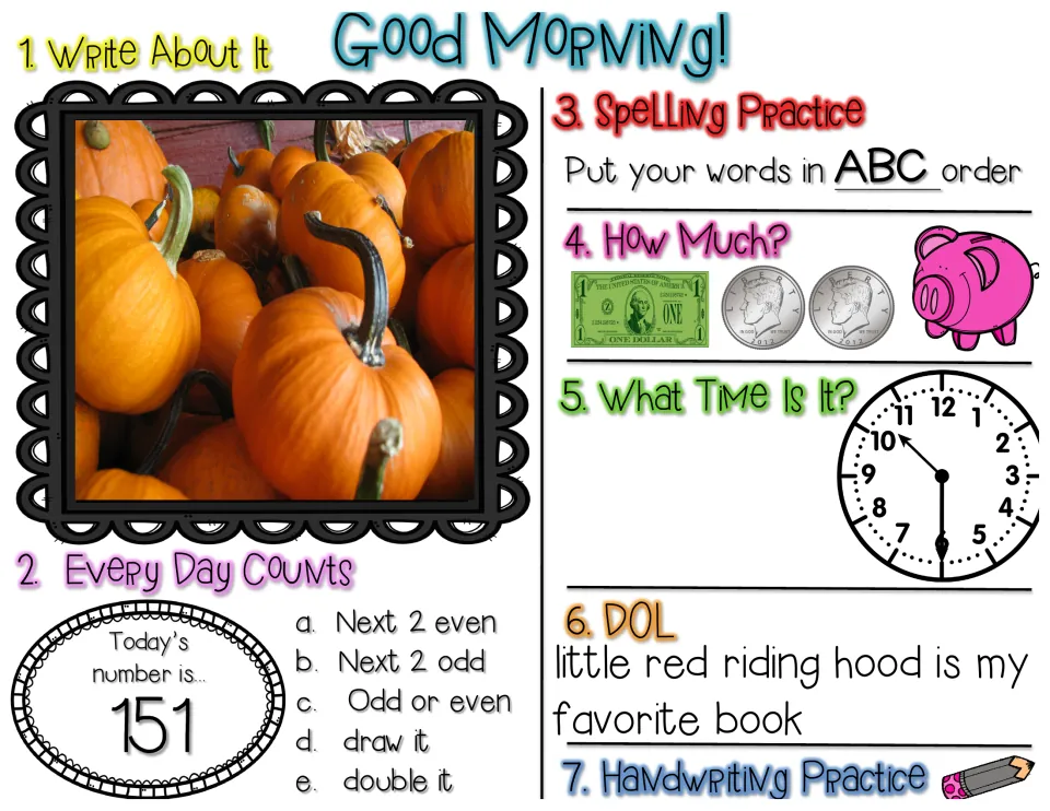 Good Morning review for number 151: write about pumpkins, find next even and odd numbers, capitalize a book title