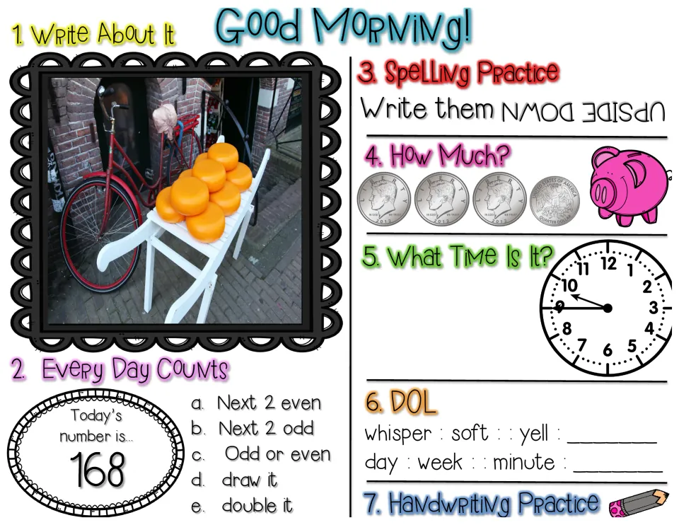 Good Morning review for number 168: write about cheese wheels on a cart, count coins, finish whisper : soft analogies