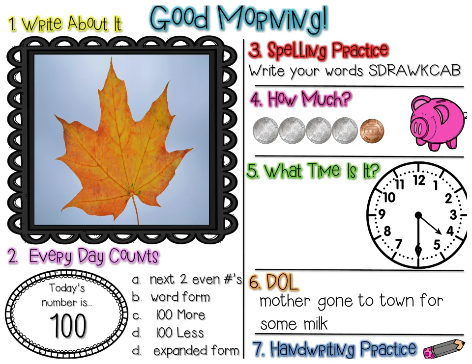 Morning work worksheet: leaf writing prompt, number 100, backward spelling, coins, time, and sentence editing
