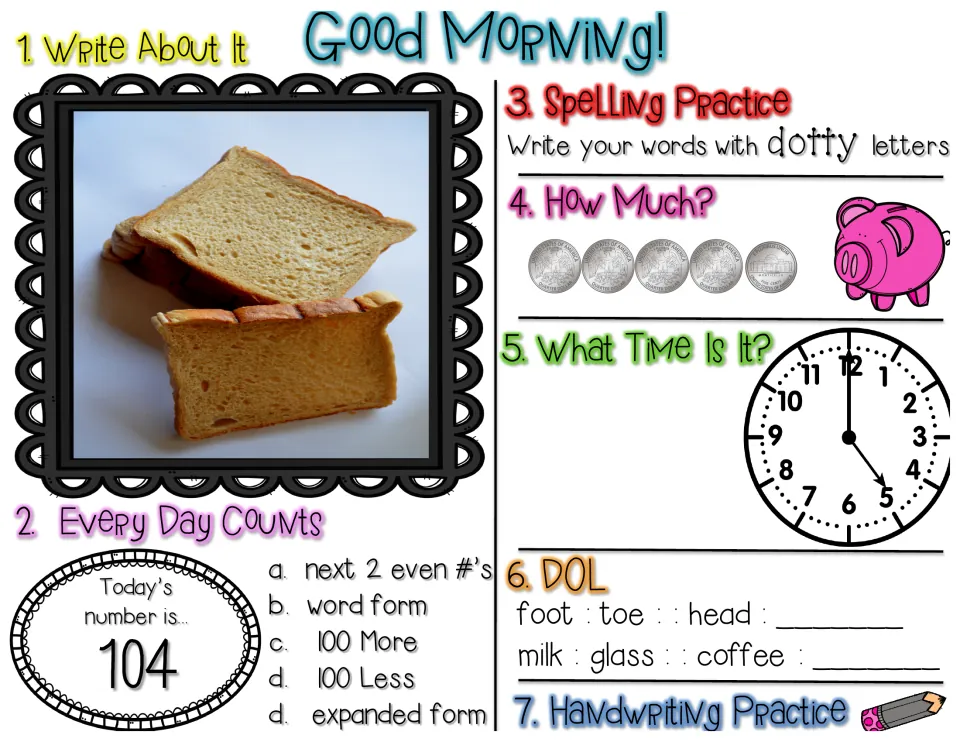 Morning work worksheet: bread writing prompt, number 104, dotty spelling, coins, time, and word analogies