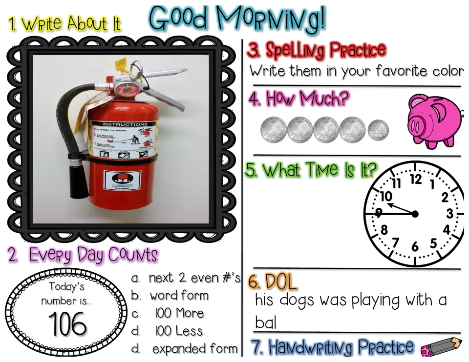 Morning work worksheet: fire extinguisher writing prompt, number 106, spelling, coins, and sentence editing
