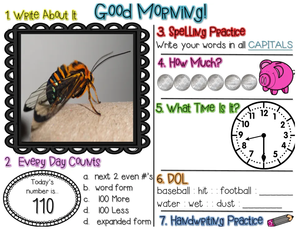 Morning work worksheet: insect writing prompt, number 110, capital-letter spelling, coins, and analogies