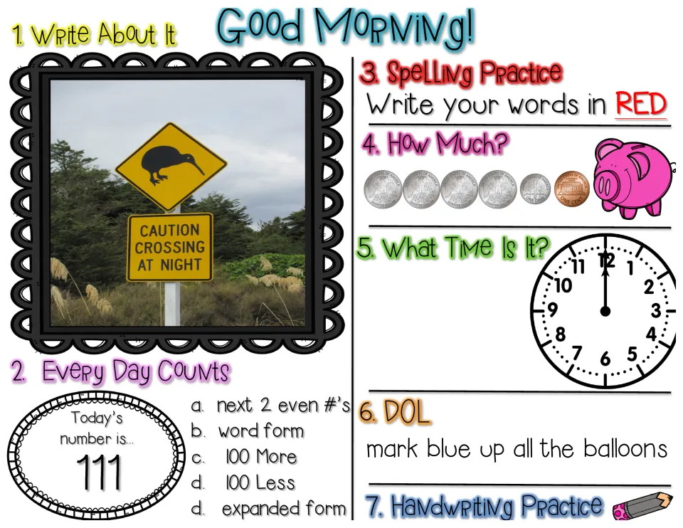 Morning work worksheet: kiwi crossing sign prompt, number 111, red spelling, coins, and sentence editing