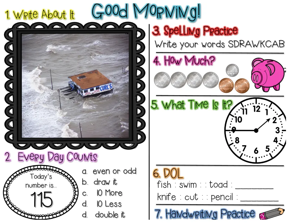 Morning work worksheet: flooded building prompt, number 115, backward spelling, coins, time, and analogies
