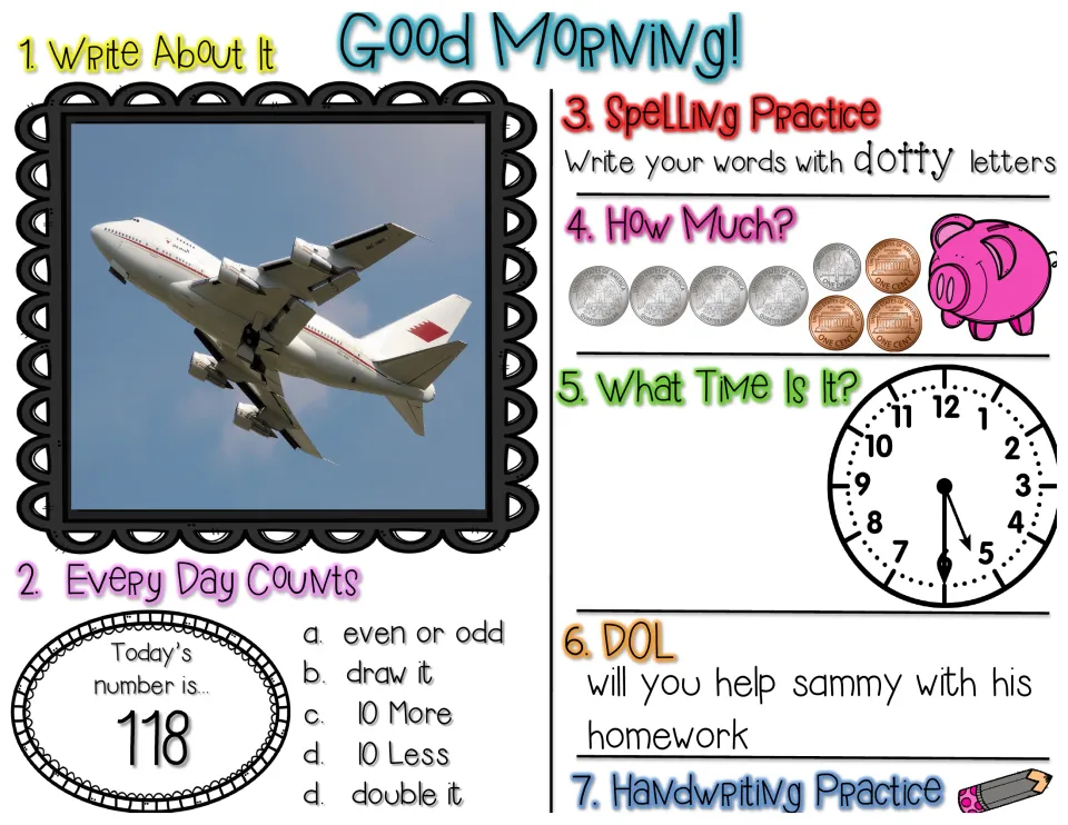 Morning work worksheet: airplane writing prompt, number 118, dotty spelling, coins, and sentence editing