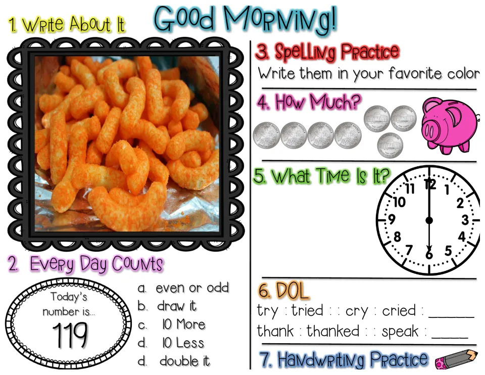 Morning work worksheet: cheese puff writing prompt, number 119, favorite-color spelling, and verb analogies