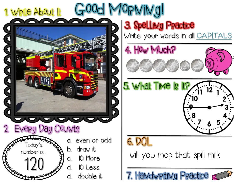 Morning work worksheet: fire truck writing prompt, number 120, capital-letter spelling, and sentence editing