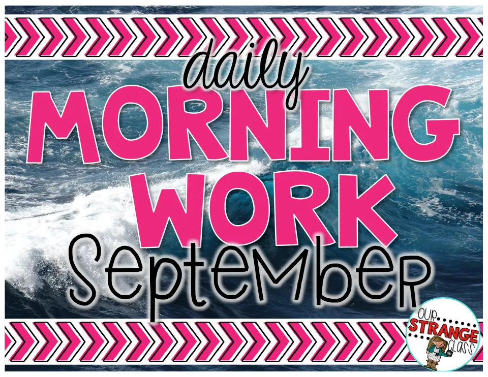 Daily Morning Work for September cover: pink and black title over a crashing ocean wave, with Our Strange Class logo