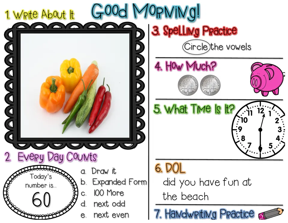 Morning review, number 60: write about a vegetable photo, count 2 dimes, read a clock, fix 'did you have fun at the beach'