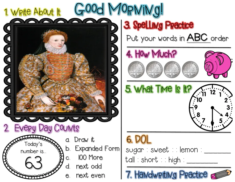 Morning review, number 63: write about a royal portrait, count 4 dimes, ABC-order spelling words, finish 2 word analogies