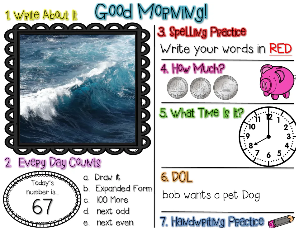 Morning review, number 67: ocean wave writing prompt, count 2 dimes and a nickel, tell time, fix 'bob wants a pet Dog'