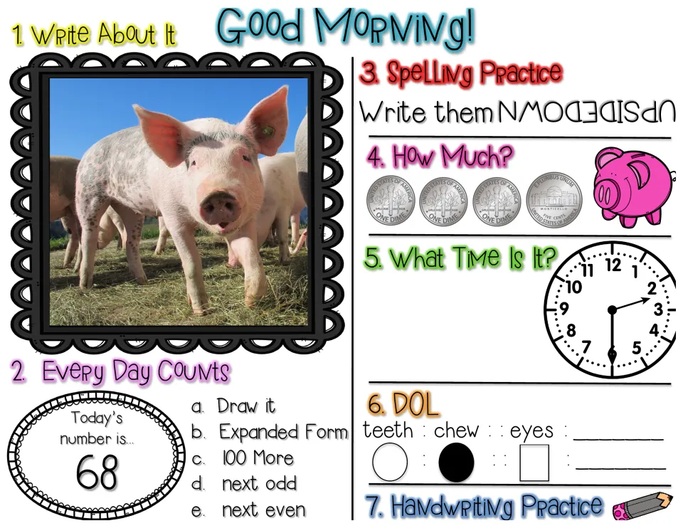 Morning review, number 68: write about a pig photo, count 3 dimes and a nickel, spell words upside down, solve analogies