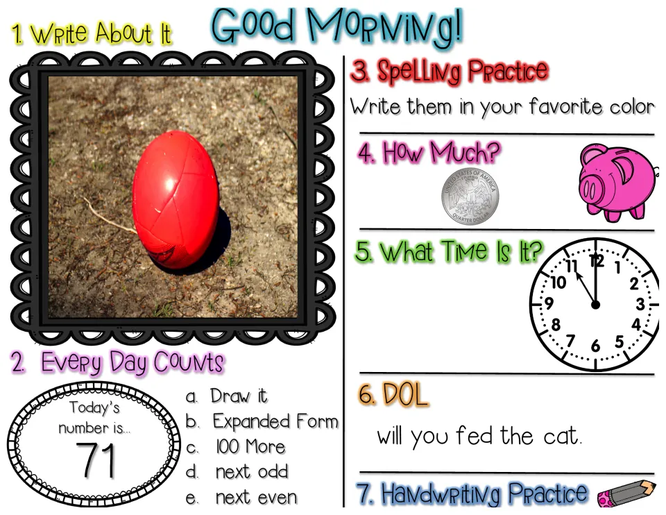 Morning review, number 71: write about a red ball photo, count a quarter, read a clock, fix 'will you fed the cat.'