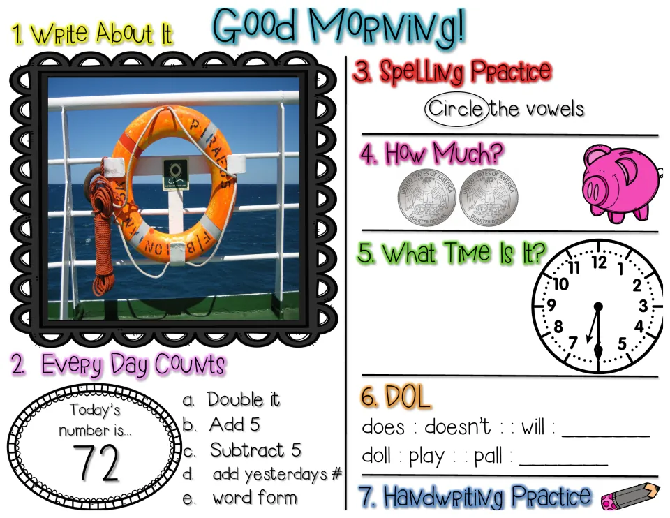 Morning review, number 72: double it, add and subtract 5, word form; life ring photo, 2 quarters, contraction analogy