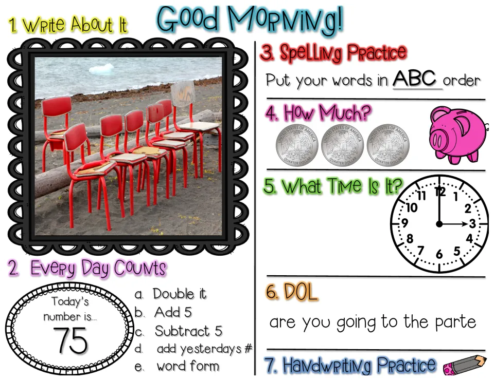 Morning review, number 75: write about red beach chairs, count 3 quarters, fix 'are you going to the parte'
