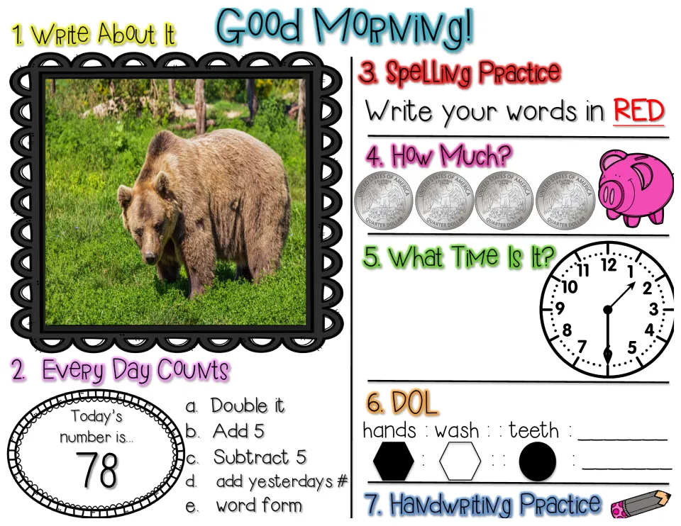 Morning review, number 78: write about a bear photo, count 4 quarters, spell words in red, solve a hands : wash analogy
