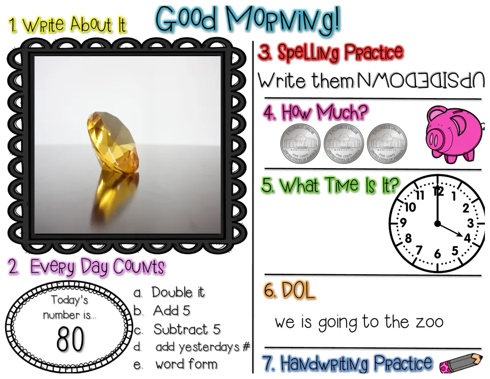 Morning review, number 80: write about a yellow gem photo, count 3 nickels, spell upside down, fix 'we is going to the zoo'