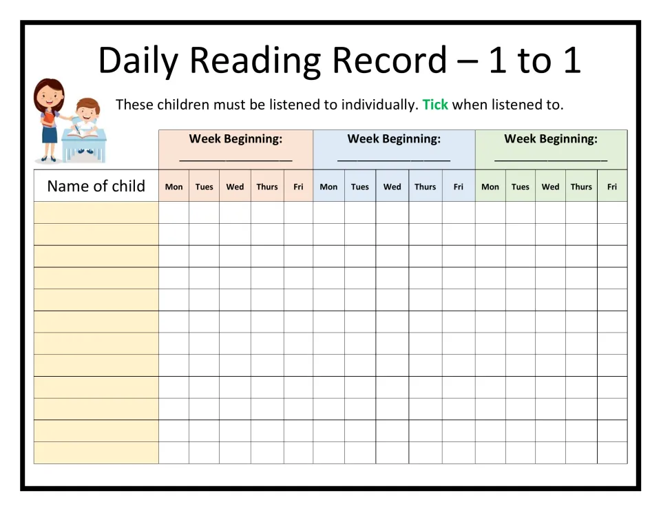 One-to-one reading log: teacher lists each child's name and ticks Monday to Friday when heard reading, across 3 weeks
